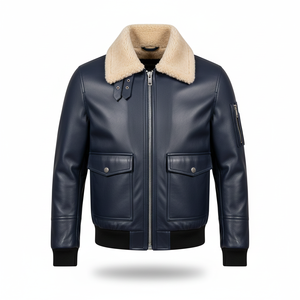 Blouson aviateur en cuir noir pour homme, doublure en peau de mouton, chaud pour l'hiver - Product Image 3