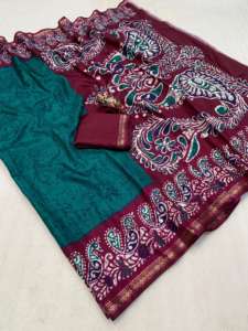 ผ้าไหมโดลาสำหรับผู้หญิงคุณภาพพรีเมียม พร้อมขอบปักดิ้นทอง และผ้าปาลูลายคาลัมคารีสุดหรู ผลิตในประเทศอินเดีย - Product Image 3