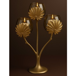 ชุดเชิงเทียนรูปใบไม้สีทองหรูหราพร้อมฝาปิดแก้วพายุเฮอริเคนดีไซน์ศิลปะก้านโลหะตกแต่งบ้านหรูหราบรรยากาศรื่นเริง - Product Image 3