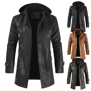 Abrigo Ropa a prueba de viento Abrigo largo de cuero con capucha para hombre Chaqueta de moda Coreana de invierno de cuero de motocicleta para hombre - Product Image 5
