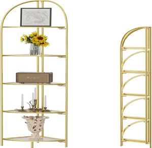 Mueble de bar esquinero dorado con curvas y estantes de mármol blanco. Muebles de salón de primera calidad disponibles a precios de mayoreo. - Product Image 6