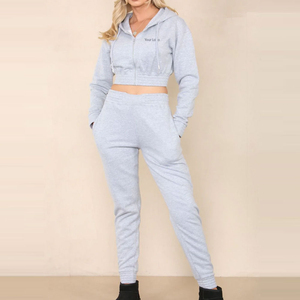 Custom Puff Print Logo Mujeres Dos piezas Sudadera con capucha Conjunto Corte Coser Algodón Joggers Sweatsuit Sun Faded Cropped Hoodie Set - Product Image 4