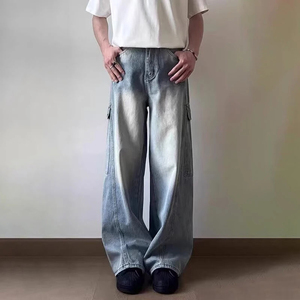 Pantalon d'été en denim décontracté pour hommes, coupe ample et confortable avec plusieurs poches, vêtements en denim de coton tissé lavé à prix d'usine OEM - Product Image 2