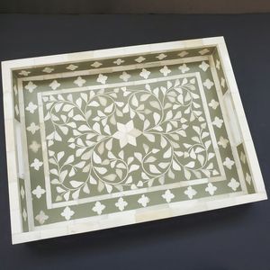 Bandeja de servicio con incrustaciones de hueso de diseño floral para el hogar y los restaurantes Bandeja de decoración de mesa con patrones intrincados - Product Image 6