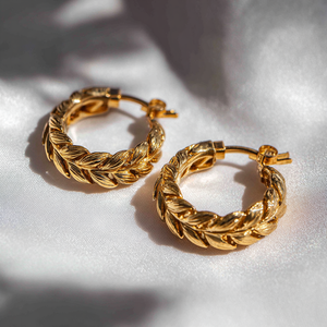 Pendientes de aro de latón con diseño natural de moda, oro de 18 quilates, relieve 3D personalizado de trigo - Product Image 1