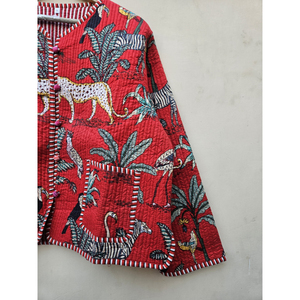 Chaqueta Reversible de Algodón Acolchado de Alta Calidad, Ecológica, con Cuello en V, para Mujer, con Estampado Único de Animales de la Selva y Rayas, Lino y Cachemira - Product Image 3