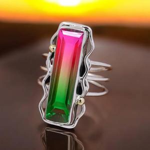 Anillo de turmalina de sandía hecho a mano, anillo de piedra multicolor Baguette de Plata de Ley 925 para mujer - Product Image 2