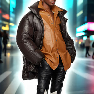 Oversize <b>Men's</b> Faux <b>Leather</b> Shirt with Turn Collar Button-Down Street Style Fashionable Horn Button Closure - Product Image 3