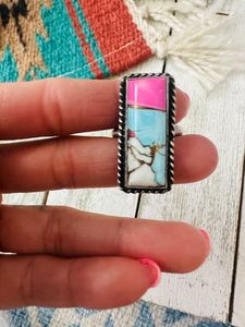 Navajo <b>Adjustable</b> <b>Sterling</b> <b>Silver</b> <b>Ring</b> with Natural Cotton Candy Gemstone Oval Cut Bezel Setting for Weddings or Parties - Product Image 3