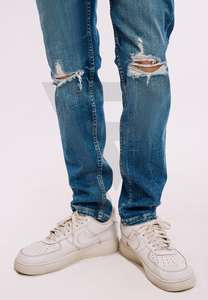 Pantalon coupe ajustée décontracté droit à imprimé vieilli pour hommes taille haute jean skinny côtelé en denim bleu avec fermeture à glissière - Product Image 3