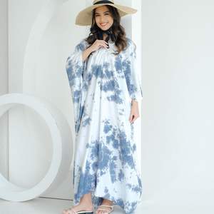 Hot Sale Elegant Blue and White Tie-Dye Maxi <b>Kaftan</b> <b>Dress</b> with Flowing Silhouette for <b>Beach</b> and Resort Wear Handmade Indonesia - Product Image 1