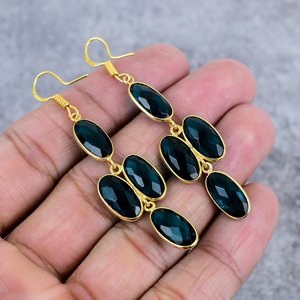 Pendientes colgantes de plata de ley 925 hechos a mano, apatita azul, cuatro piedras preciosas, forma ovalada, chapados en oro, a la moda para Bodas de mujer - Product Image 4