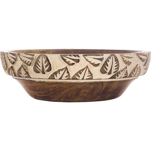 Bol de service en bois de manguier artisanal avec motif de feuille sculptée blanc antique, ustensiles de cuisine écologiques pour la maison, fournisseur d'hôtel - Product Image 1