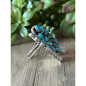 Navajo Handmade Kingman Turquoise Sterling Silver Butterfly Cluster <b>Ring</b> <b>Adjustable</b> Bezel Inlay 18K Plated Gift - Product Image 4