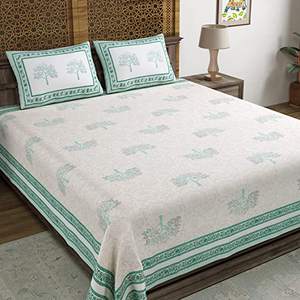 Juego de Sábanas de Algodón Puro Tamaño Super King con Estampado de Bloque de Mano Motivos Verdes para Correr Incluye Sábanas Ajustadas y Planas - Product Image 1