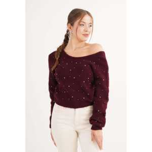 Pull brodé bordeaux rose pour femme avec dos nu – Vente en gros - Product Image 5
