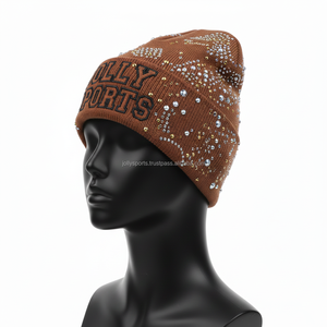 Bonnet en tricot acrylique GSM premium pour femme, élégant, avec strass, couleur marron, logo personnalisé disponible, bonnet jacquard. - Product Image 2