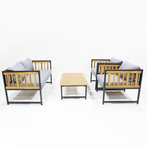 Artex Dong Thap Factory Juego de sofás con marco de metal negro con listones de madera y mesa de Acacia para patio, jardín y sala de estar - Product Image 1