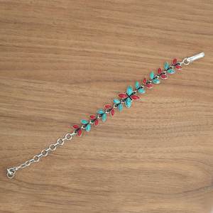Handmade 925 <b>Sterling</b> <b>Silver</b> Fine Charm <b>Bracelet</b> Natural Turquoise and Coral Gemstone Gift for Girls and <b>Women</b> - Product Image 3