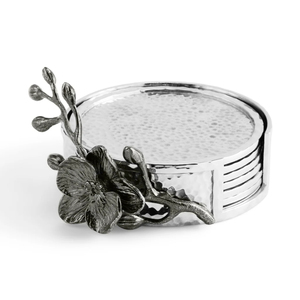 Elegante posavasos de metal martillado plateado Posavasos de acero inoxidable con diseño de vid floral Decoración de lujo para el hogar y el bar - Product Image 1