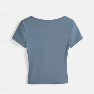 Prix de gros Respirant Femmes Confortable Col V Côtelé T-shirt Dernière Conception Regular Fit T-shirt pour les Femmes Vêtements d'été - Product Image 2