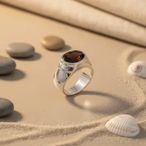 Anillo de Piedra Preciosa Ovalada de Plata de Ley 925 con Baño de Rodio de 14K y Piedra Negra, Anillo con Engaste de Bisel para Hombre - Product Image 1