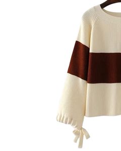 Pull en tricot côtelé à blocs de couleur pour femmes, manches longues, poignets à nouer, col rond, doux, chaud, décontracté, pour l'hiver, couleur marron - Product Image 2