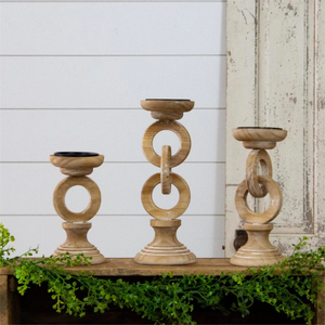 Rustic wooden <b>pillar</b> <b>candle</b> <b>holder</b> set of 2 farmhouse style round base <b>black</b> metal top for home living room and table decor - Product Image 2