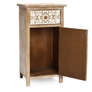 Mesa auxiliar de madera maciza bohemia de diseño floral tallado a mano moderno con cajón y puerta para almacenamiento de dormitorio o sala de estar - Product Image 1