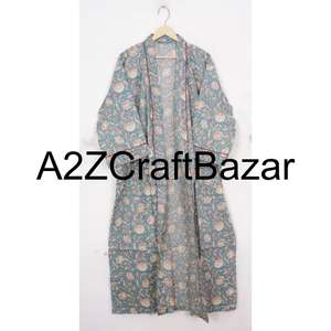 Robe longue en coton indien faite à la main, col en V, imprimé floral, fermeture à ceinture, pour femmes - Vêtement de nuit décontracté et robe de soirée (printemps) - Product Image 1