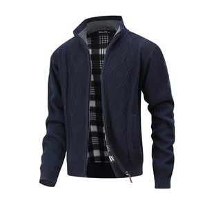 Cárdigan de punto argyle azul marino para hombre, con cremallera completa, cuello alto, lana acrílica, antipilling, ropa de abrigo de otoño, manga regular - Product Image 1