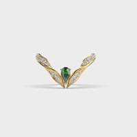 Anillo Abierto de Lujo con Gema Verde Esmeralda, Engaste Pavé de Oro Amarillo, Joyería de Compromiso para Mujer, Diseño de Planta