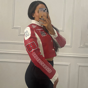 แจ็คเก็ตหนัง Letterman แบบเบสบอล สำหรับผู้ชายและผู้หญิง หนังแกะสั้นผสมสแปนเด็กซ์ ปักลายถักแบบยูนิฟอร์ม หนังจระเข้ - Product Image 4