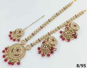 Conjunto de collar largo elegante chapado en oro de piedra tradicional india y de moda con pendiente Jumkha Mangtika conjunto de joyería para mujer - Product Image 5