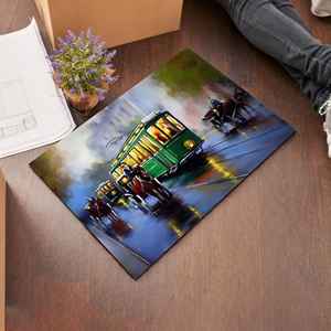 Alfombra impresa con pintura de tranvías verdes de Cityscape, alfombra antideslizante para puerta, con alfombra suave de pelo - Product Image 2