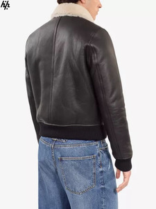 Modern Black Leather Jacket Plush Shearling Collar Sleek Zip Pockets <b>Ribbed</b> Details Breathable Windproof for Winter Ultimate - Product Image 4