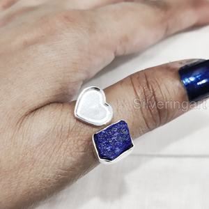 Rough Stone Jewelry Women's <b>Ring</b> Natural Raw <b>Lapis</b> <b>Lazuli</b> Gemstone Anniversary Adjustable Heart <b>Ring</b> 925 Sterling Silver <b>Ring</b> - Product Image 2