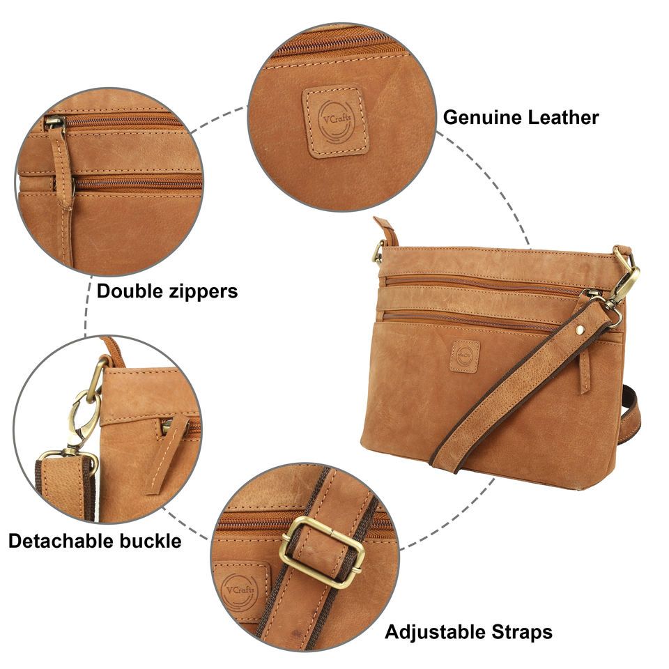 Handmade Genuine Leather Retro Crossbody Sling Bag Vintage Zip Shoulder Backpack for Women Fashionable Motorcycle Hiking Daypack