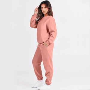 Custom Women's Two Piece Breathable 100% Cotton Fleece Crewneck Sweatsuit Jogger Lounge Sets Hooded Front Logo Solid Winter - Product Image 6