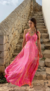 Nouvelle collection été 2025, style européen et américain, robe maxi en dentelle à nouer, sans manches, tie-dye, longueur au sol, taille naturelle, col en V, 100% - Product Image 2