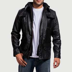 Blouson en cuir véritable Moulder à capuche noir, style motard décontracté avec fermeture éclair, tailles XS à 6XL, imperméable pour l'automne - Product Image 1
