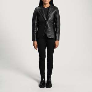 Cora <b>Quilted</b> Black Leather Blazer Business Suits Style <b>Single</b> Button Closure Knitted Woolen Fabric Solid Pattern Long Button - Product Image 5