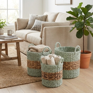 Natural Banana Bark Recycled <b>Plastic</b> Storage <b>Basket</b> Set Horizontal Band Arch Handle Pot Planter Organizer Setup Decor Pure Art - Product Image 5