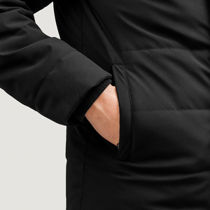 Mens <b>Black</b> Wool Puffer Jacket Custom Reflective Branding Long with Adjustable Cuffs and Heat <b>Sealed</b> Quilting for Winter - Product Image 2