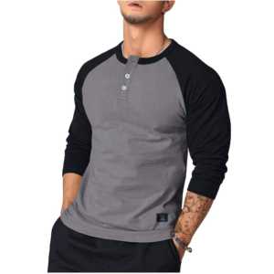 Chemise Henley à manches longues en coton coupe ajustée pour hommes, élégante et confortable pour le travail et les vêtements décontractés - Product Image 1