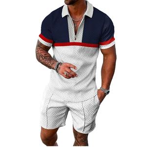 Color Block Multi Colors Allover Pattern Moda Media cremallera Camiseta y conjunto corto Transpirable Deportes Casual Ropa exterior personalizada - Product Image 1