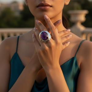 Women's 925 <b>Silver</b> Flower Design Trendy Cocktail <b>Ring</b> with Natural Oval Amethyst Stone Bezel <b>Set</b> Glam Party Jewelry Gift - Product Image 1