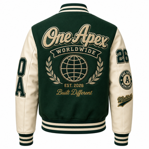 ONEAPEX INTERNATIONAL Custom Forest Green Men's <b>Winter</b> Hooded Letterman <b>Jacket</b> Wool Body White <b>Leather</b> Sleeves Chenille Casual - Product Image 2