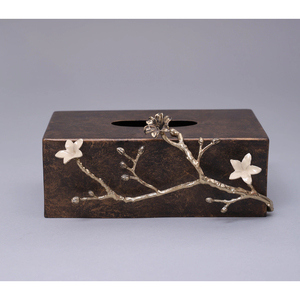 Porte-boîte à mouchoirs marron rustique avec branche florale dorée et fleurs blanches Couverture de tissu décorative élégante pour hôtel de bureau à domicile - Product Image 6