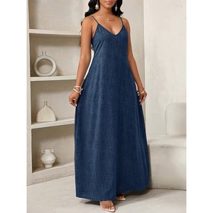 Robe longue à bretelles et col en V pour femme Jane's avec détails de poches 34337-Bleu - Product Image 4